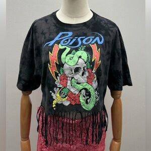 Poison Graphic Fringe Crop T-Shirt Tie Dye Black XS
